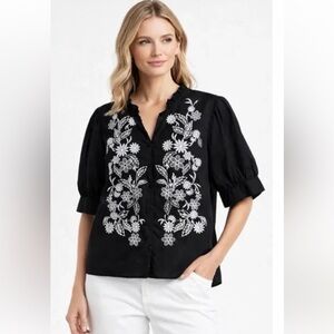 Calypso St. Barth Black Blouse with White Floral Embroidery Sz L